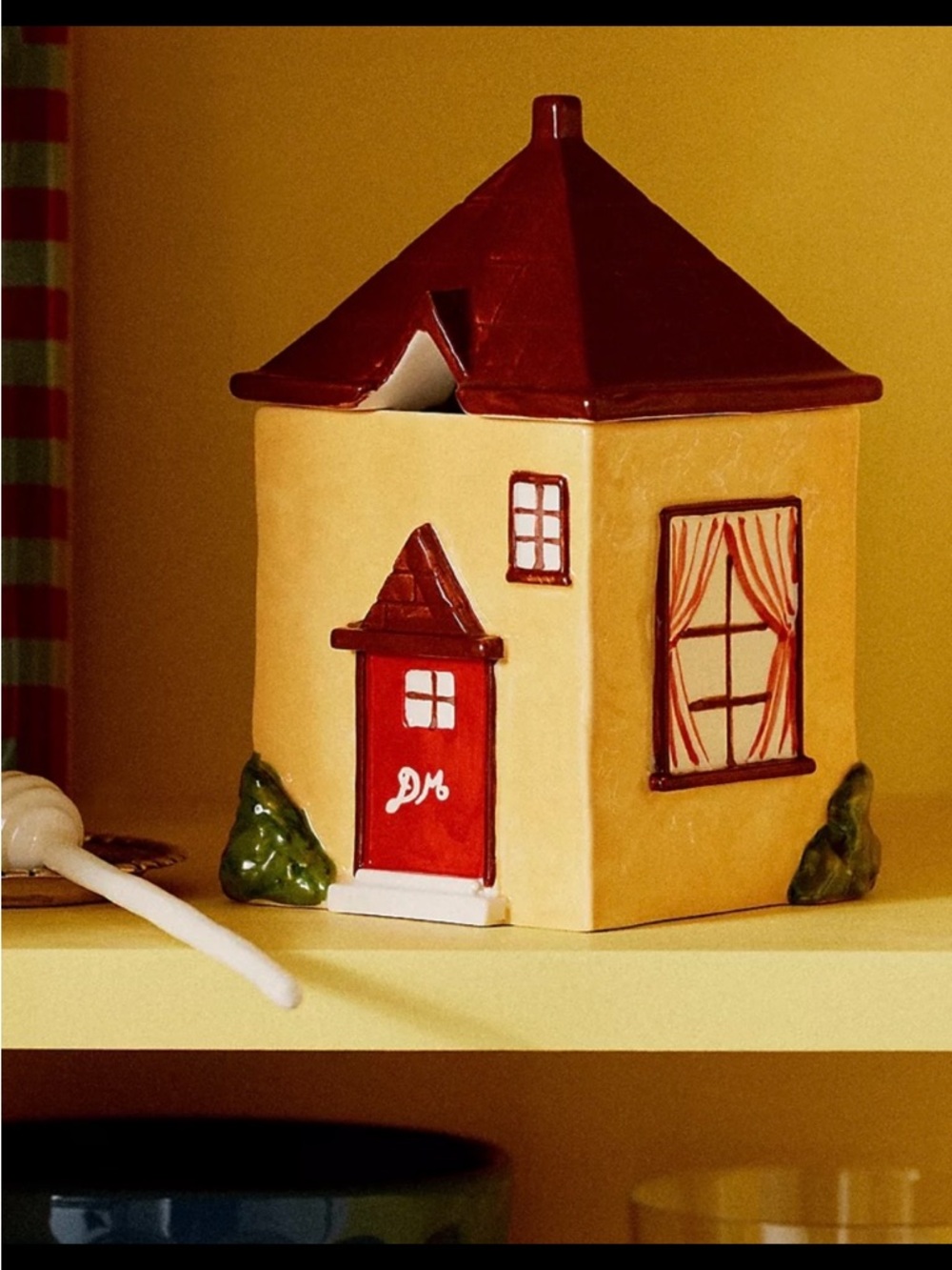 Anthropologie Yellow Ceramic House Honey Pot with Red Roof